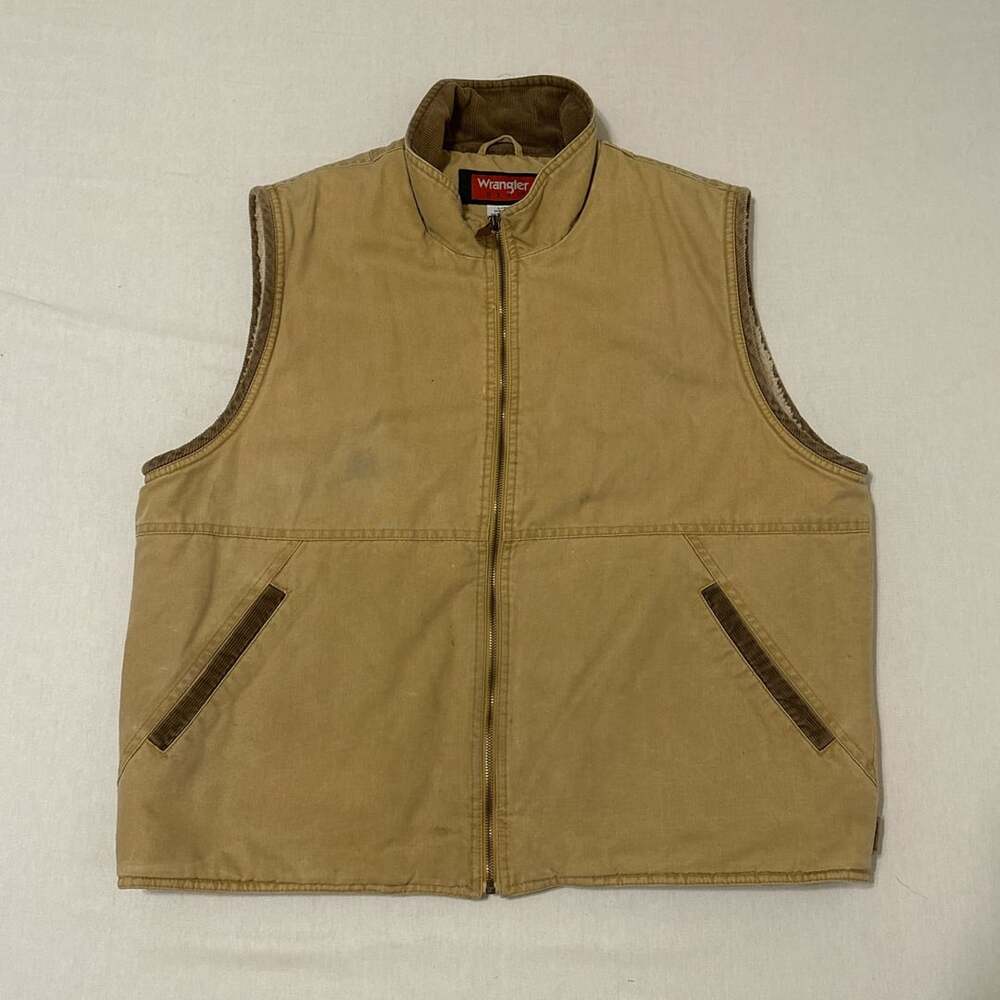 Vintage Wrangler Hero Sherpa Lined Corduroy Trim Tan Canvas Vest Size Large